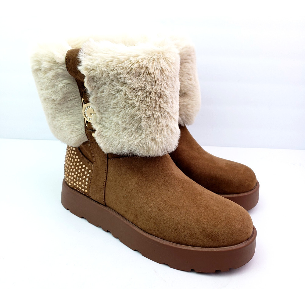 Guess GBG Los Angeles Womens Size 9 Brown Rhinestone Faux Fur Boots GGDINTAH2-R